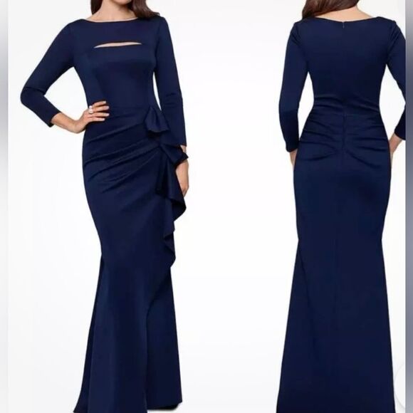 XSCAPE Scuba Boat Neck 3/4 Sleeve Cut-Out Ruched Side Bow Gown Size 18W - Picture 2 of 9